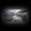 Marshland Serenity, River Flow, Cloudy Mood, Nature Calm, Framed Canvas Print, Coastal Wall Art, Bathroom Tranquil Landscape