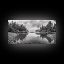 Forest Shoreline, Pebble Beach, Misty Inlet, Calm Waters, Canvas Print, natural modern art, neutral palette, living room wall decor