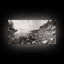 Rocky Coast, Forest Edge, Tranquil Shoreline, Earthy Landscape Scene, Canvas Print, Neutral Home Decor, Rustic Cabin Wall Art