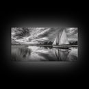 Sailboat Reflection, Tranquil River, Nautical Scene, Black White, Framed Canvas Print, Coastal Decor, Beach House Wall Art, Ocean Minimalism