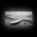 Surfboard, Coastal Shore, Serene Beach, Cloudy Sky, Framed Canvas Print, surfer room decor, rustic beach wall art, neutral home style