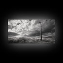 Power Pole, Rural Landscape, Stormy Sky, Country Calm, Framed Canvas Print, farmhouse entryway wall art, rustic black and white print