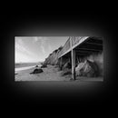 Coastal Cliff View, Seaside Escape, Beachside Structure, Framed Canvas Print, Rustic Wall Art, Modern Coastal Living Room Decor
