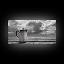 Seaside Coffee Pot, Oceanfront Still Life, Rustic Morning, Framed Canvas Print, Nautical Wall Art, Beach Kitchen Decor, Moody Nature Art