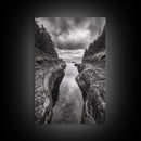 Rocky Waterway, Coastal Reflections, Dramatic Cloudscape, Ocean Nature Print, Framed Canvas Print, Bathroom Wall Art, Modern Rustic Style