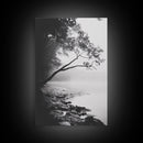 Misty Tree, Shoreline Fog, Forest Edge, Moody Atmosphere, Framed Canvas Print, Bedroom Wall Art, Autumn Woodland Style, Serene Nature Decor