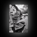 Coastal Village, Fishing Boats, Mediterranean Harbor, Seaside Charm, Framed Canvas Print, Nautical Kitchen Wall Art, Fall Decor Accent