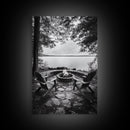 Campfire Lake Night, Adirondack Chairs, Wilderness Glow, Framed Canvas Print, Outdoor Living Wall Art, Cabin Decor, Autumn Retreat Art