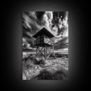 Lifeguard Tower Drama, Windy Beach Sky, Ocean Landscape, Canvas Print, Coastal Wall Art, Moody Surreal Decor, Living Room Statement Art