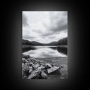 Misty Lake View, Peaceful Reflections, Nature Tranquility, Framed Canvas Print, Bedroom Wall Art, Black and White Landscape, Minimalist Art