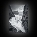 Stormy Coast, Crashing Waves, Ocean Drama, Framed Canvas Print, Living Room Wall Art, Bold Seascape Photography, Monochrome Modern Art