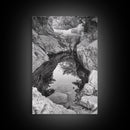Reflective Rock Pool, Tranquil Nature, Monochrome Landscape, Black and White Framed Canvas Print, Minimalist Bathroom or Spa Wall Art