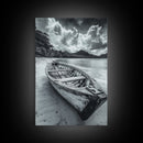 Abandoned Rowboat, Tropical Coastline, Vintage Travel Vibes, Black and White Canvas Print, Beach House or Coastal Living Wall Art