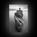 Solitary Cliff Tree, Calm Waters, Moody Horizon, Framed Canvas Print, Minimalist Nature Wall Art, Office Wall Decor, Zen Art