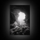 Sea Cave Entrance, Ocean Grotto, Light Escape, Rocky Tide, Canvas Print, Bathroom Wall Art, Black and White Seascape Photo