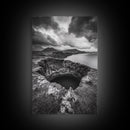 Crater Overlook Coast, Stormy Sky Mountains, Ocean Cliffs, Rugged Wilderness, Canvas Print, Den Wall Art, Moody Black and White Art