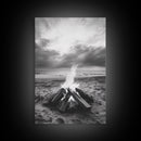 Beach bonfire moment, soft flame serenity, ocean dusk, coastal camp vibes, Framed Canvas Print, Fall decor, hygge inspired wall decor