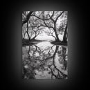 Misty Forest Trees, Reflection Photography, Nature Landscape, Canvas Print, Neutral Tones, Bedroom Wall Decor, Moody Autumn Forest Art