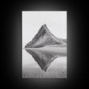 Mountain Mirror, Coastal Peak, Serene Beach, Canvas Print, Minimalist Landscape Art, Modern Living Room Wall Decor, Monochrome Nature Style