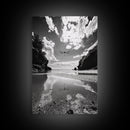 Dragonfly Flight, Beach View, Nature Dream, Framed Canvas Print, Whimsical Wall Art, Surreal Living Room Decor, Black and White Nature Style