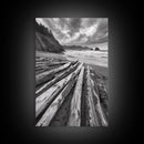 Driftwood Beach, Coastal Logs, Wild Shore, Canvas Print, Rustic Ocean Wall Art, Cabin Bathroom Decor, Nature Inspired Photography
