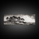 Coastal Pines, Ocean View, Windswept Trees, Framed Canvas Print, Minimalist Landscape Art, Neutral Tones, Entryway Wall Decor