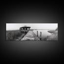 Abandoned Pier, Lakeside Shack, Black and White Marsh, Framed Canvas Print, Rustic Entryway Art, Minimalist Coastal Cabin Decor