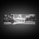 Misty Coastline, Dramatic Shore, Moody Ocean Scene, Framed Canvas Print, Coastal Living Room Art, Black and White Nature Decor