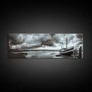 Abandoned Fishing Boat, Coastal Storm Scene, Rustic Nautical Decor, Framed Canvas Print, Beach House Art, Autumn Decor, Moody Wall Print