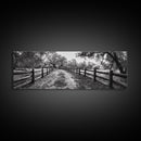 Tree Tunnel, Country Path, Fence Shadows, Framed Canvas Print, Black and White Nature Art, Rustic Wall Art, Autumn Entryway Decor