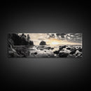 Sunset Shoreline, Moody Rocks, Forested Coast, Framed Canvas Print, nature lover gift, fall coastal art, rustic bathroom wall decor