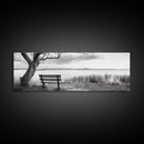 Quiet Lake Bench, Peaceful Reflection, Nature Photography, Framed Canvas Print, Serene Bedroom Decor, Minimalist Living Room Wall Art