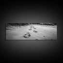 Beach Footprints, Sandy Path, Seaside Steps, Reflective Moment, Canvas Print, Minimalist Bathroom Wall Art, Tranquil Coastal Decor