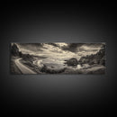 Coastal Road, Ocean Sunset, Rocky Shoreline, Framed Canvas Print, Moody Landscape Photography, Living Room Wall Art, Rustic Nature Decor