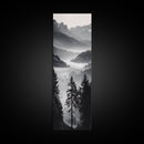 Foggy Mountains, Pine Forest, Valley Mist, Calm Landscape, Canvas Print, entryway wall art, cozy cabin vibes, grayscale art style