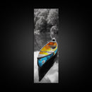 Blue and Yellow Canoe, Calm River Reflections, Rustic Boat Scene, Framed Canvas Print, Autumn Wall Art, Nature Inspired Decor