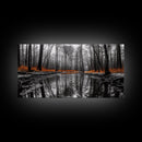 Reflected Forest, Orange Leaves, Tranquil River, Monochrome Fall, Canvas Print, Rustic Decor, Bedroom Wall Art, Woodland Scene