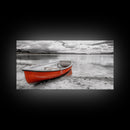 Beached Boat, Calm Waters, Cloudy Horizon, Serene Coastline, Framed Canvas Print, Coastal Wall Art, Minimalist Home Decor, Beach House