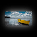 Yellow Rowboat, Calm Waters, Blue Sky, Sunny Lake – Framed Canvas Print, Summer Wall Art, Coastal Decor, Modern Nautical Style