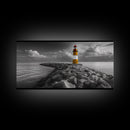 Yellow Lighthouse, Stone Jetty, Coastal Clouds, Nautical Scene, Framed Canvas Print, Coastal Wall Art, Office Decor, Lighthouse Photography