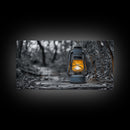 Lantern In Woods, Vintage Glow Light, Rustic Forest Scene, Canvas Print, Cabin Wall Art, Autumn Evening Mood, Minimalist Nature Decor