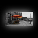 Urban Pier, Red Yellow Umbrellas, Waterfront Dining, Framed Canvas Print, Industrial Decor, Cafe Kitchen Wall Art, Cityscape Photography