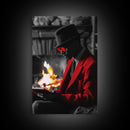 Red Jacket, Reading Firelight, Cozy Vibes, Stylish Man, Framed Canvas Print, Fall Wall Art, Office Decor, Modern Masculine Art