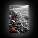 Red Shoreline, Bold Pebbles, Coastal Mood, Canvas Print, Nautical Wall Art, Moody Landscape, Black White Red Art, Nature Lover Gift