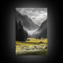 Yellow Meadow Valley, Foggy Mountain Scene, Serene Landscape Photography, Framed Canvas Print, Nature Lover Living Room Wall Art