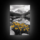 Yellow Wildflowers Lake, Alpine Meadow, Monochrome Landscape, Canvas Print, Kitchen Wall Art, Spring Nature Photography Decor