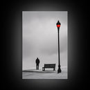 Red Street Lamp, Snowy Walkway, Silhouette Scene, Framed Canvas Print, Moody Wall Art, Minimalist Decor, Winter Vibes, Bedroom Accent