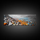 Colorful Pebble Shore, Vibrant Lake Stones, Blue Orange Rocks, Framed Canvas Print, Boho Coastal Style, Bathroom Wall Art