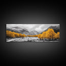 Golden Trees Trail, Snowy Peaks, Serene Landscape, Framed Canvas Print, Autumn Home Decor, Cozy Wall Art, Cabin Aesthetic