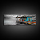 Rustic Shack, Ocean Pier, Stormy Skies, Tropical Retreat, Framed Canvas Print, Nautical Wall Art, Beach Cabin Decor, Lake House Style